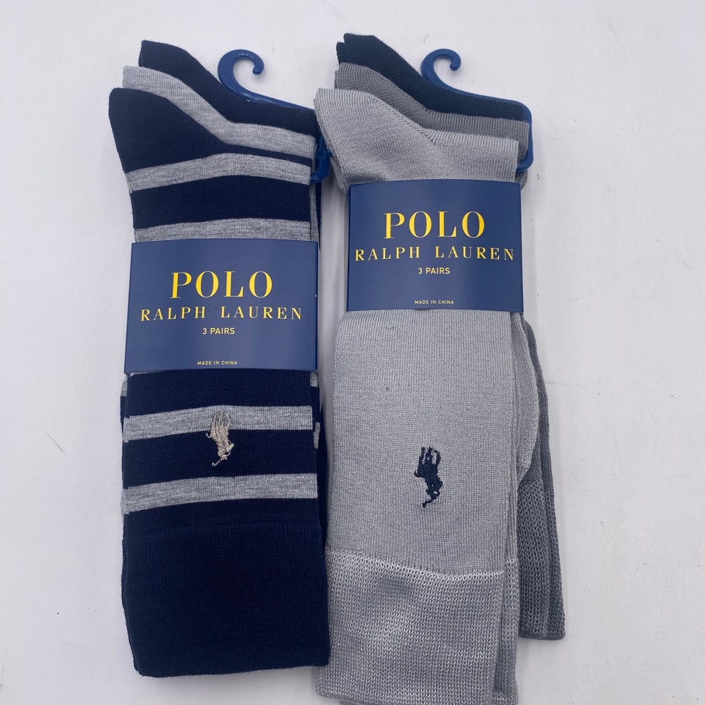 Polo Ralph Lauren 6 Pair Dress Socks Mens 10-13 Navy Grey Striped Pony Logo NEW